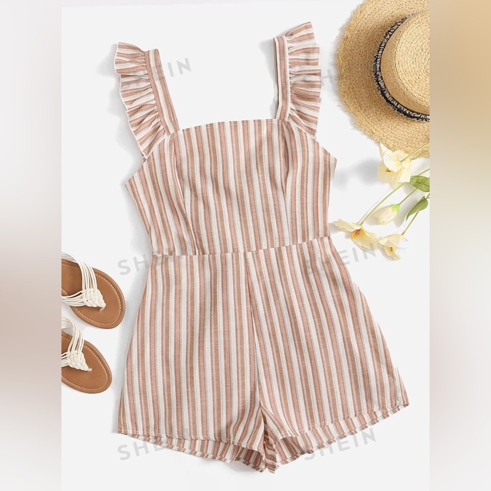 SHEIN Striped Ruffle Tie Back Jumpsuit Romper BRAND NEW